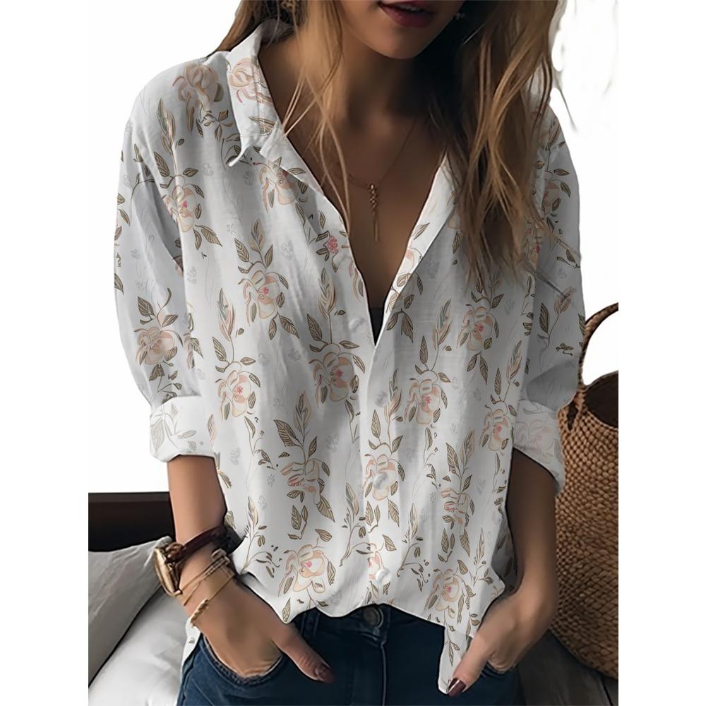 Summer Minimalist Shirt with Floral Digital Print Button Up Shirt Top for Women's Hawaiian Beach Vacation Casual Shirt