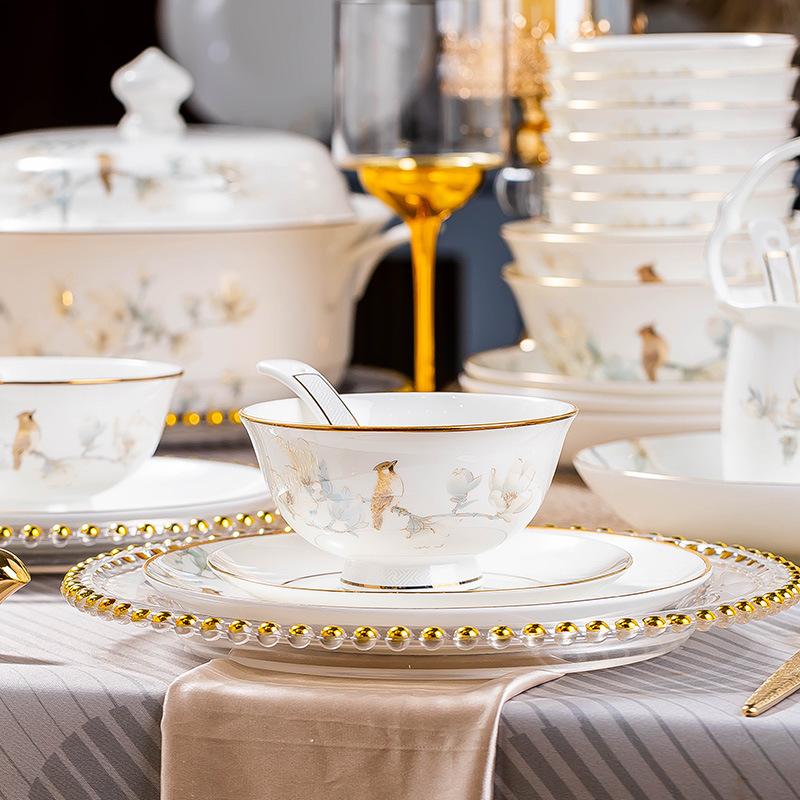 New Chinese Flower and Bird Dish Set Household Light Luxury High-end Rice Bowl Plate Combination Bowl Set of Your Choice