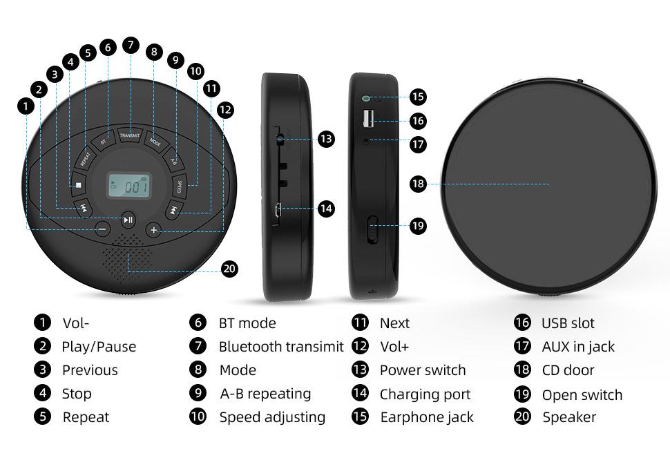 Bluetooth Portable Walkman CD & MP3 Player with English Repeated Reading Feature