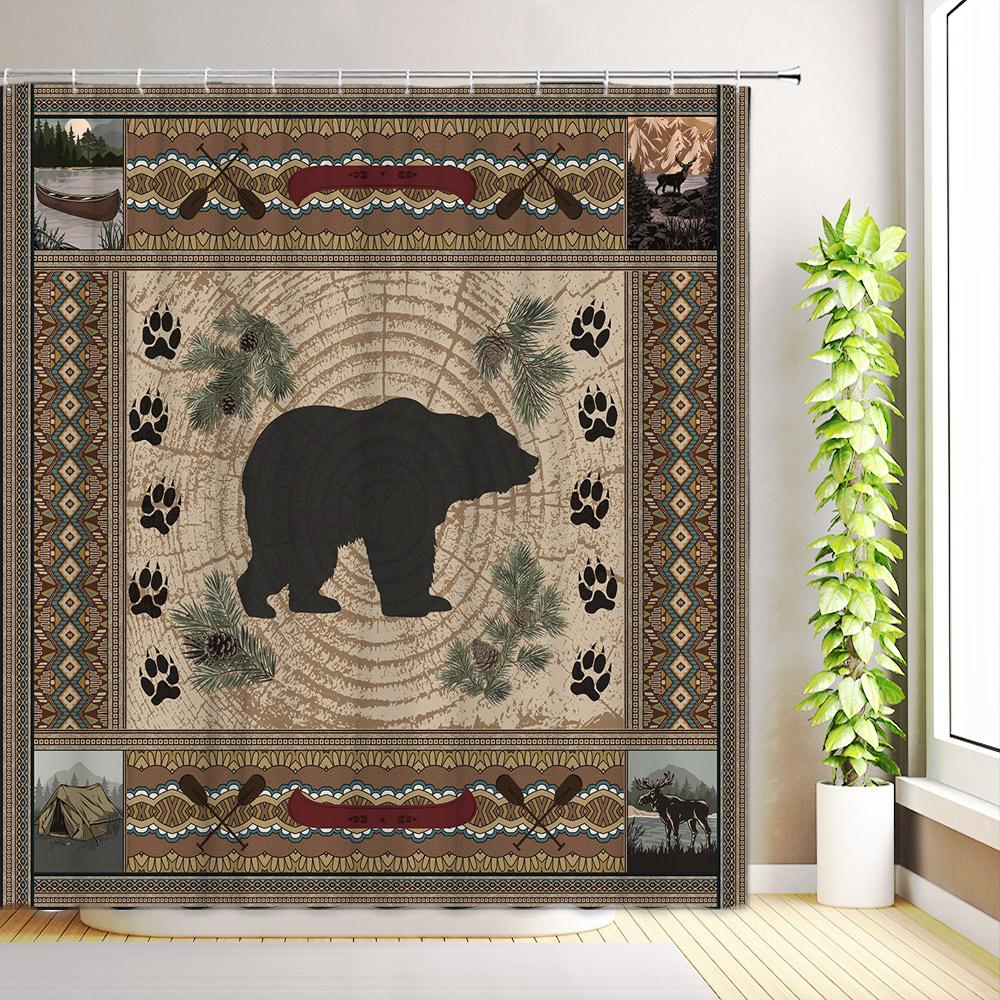 Rustic Cabin Shower Curtain Forest Animal Bear Deer Elephant Woodland Farmhouse Bathroom Decor Fabric Bath Curtains with Hooks