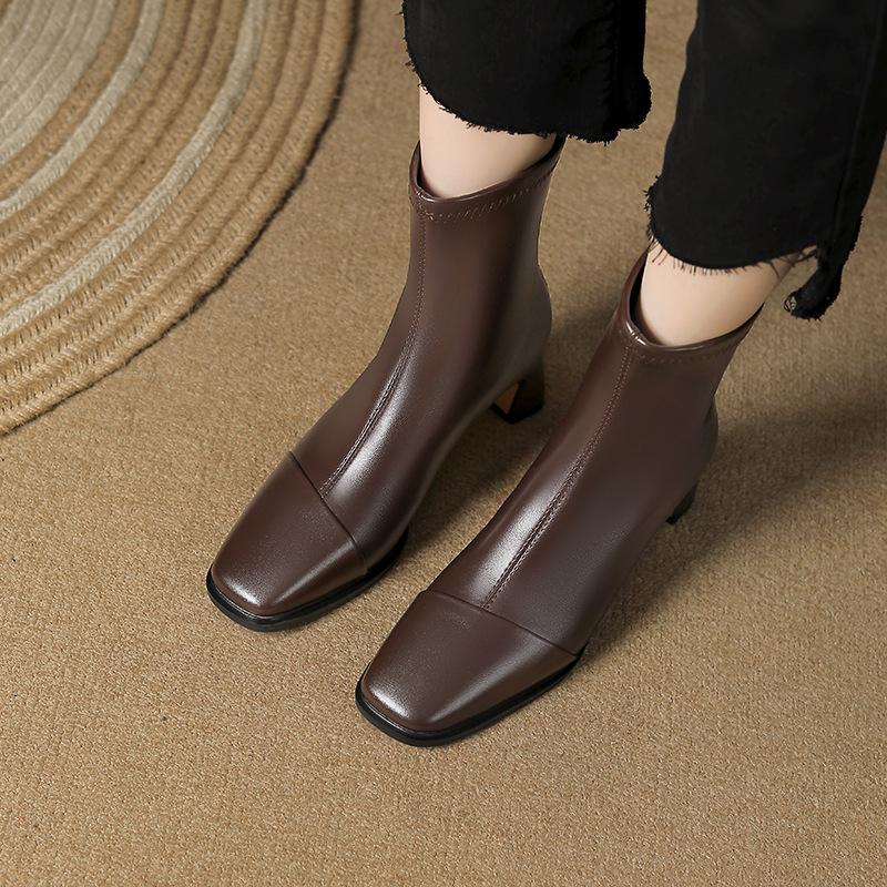 832-2 square head thick heel single boots rear zipper Martin boots 2025 autumn and winter new high heel versatile short boots bare boots