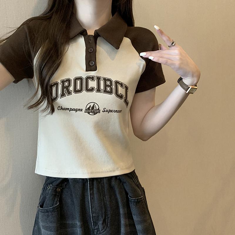 

Женская футболка с короткими рукавами, летняя, американский ретро-дизайн, облегающий крой, тонкий топ с коротким воротником-поло с принтом