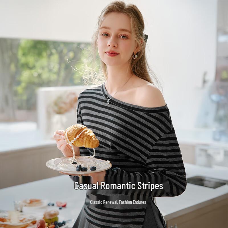 Women s Color-block Striped Off-shoulder Long Sleeve T-shirt S