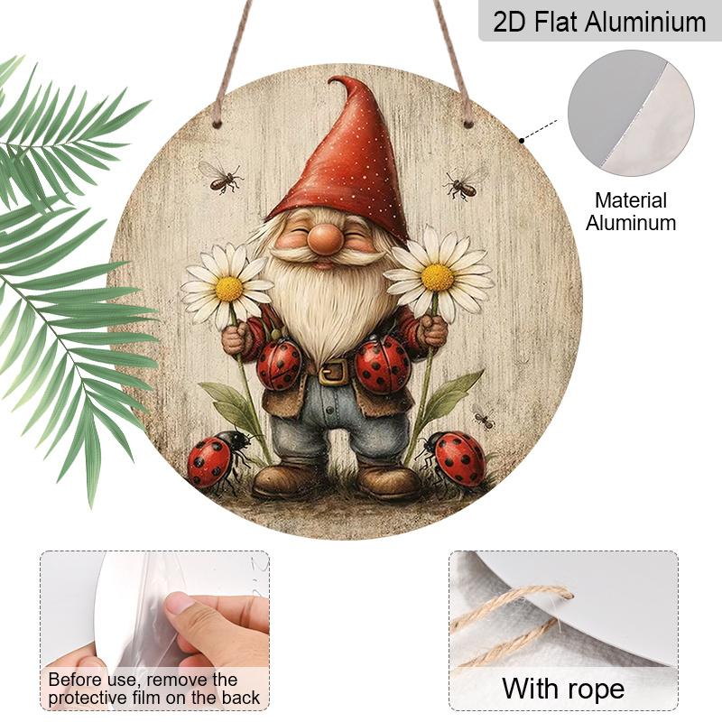 2D Flat Aluminum 7.87 Inch X 7.87 Inch Gnome and Ladybug Style Wall Covering, Rustic Style, Suitable for Dining Rooms, Gardens, Farmhouses, Cafes