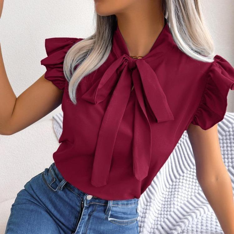 Chiffonbluse Damen Schleife Tops Schnürhemd Temperament Frühling Sommer Pendler Holzohr