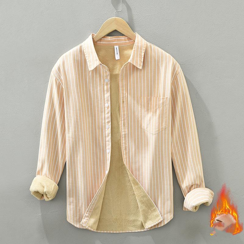 Winter Warm Men Tops Daily Casual Long Sleeve Striped Shirts for Men Pure Cotton Men Clothing Lapel Collar Fleece Shirt with Pocket