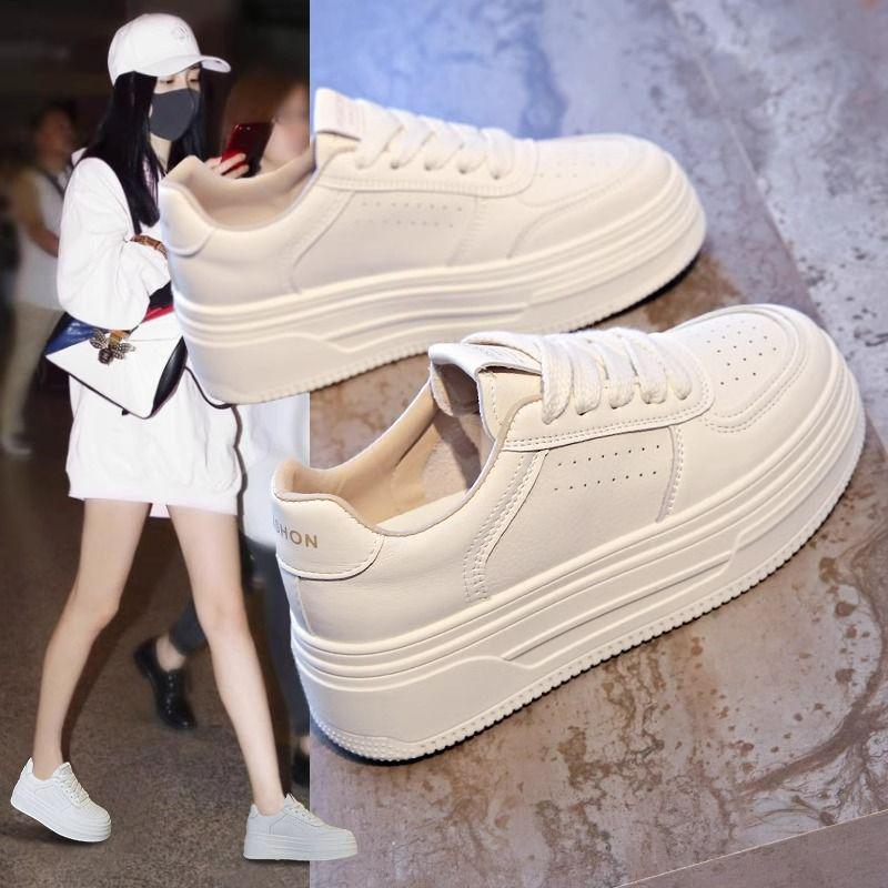 Dámské bílé prodyšné boty se silnou podrážkou - Pohodlné, protiskluzové, lehké, zvyšující výšku, skate tenisky na jaro a podzim