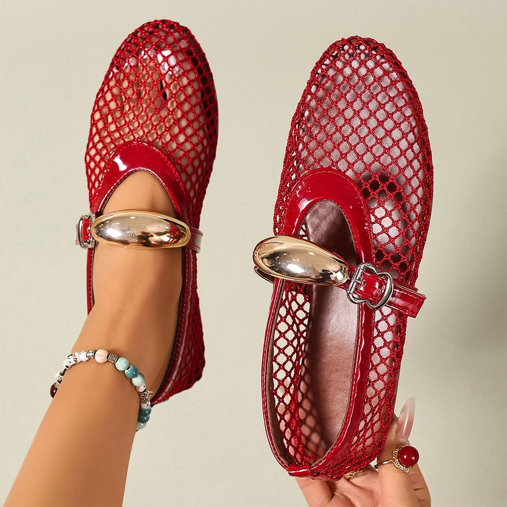 Women's Summer Ballet Flat Sandals Hollow Mesh Breathable Slip On Buckle Closure Comfortable Casual Shoes