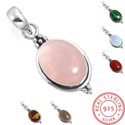 925 Sterling Silver Pendant Women Gemstone Handmade Jewelry Birthday Gift Malachite Moonstone Rose Quartz Red Stone Smoky Topaz Tiger Eye Statement