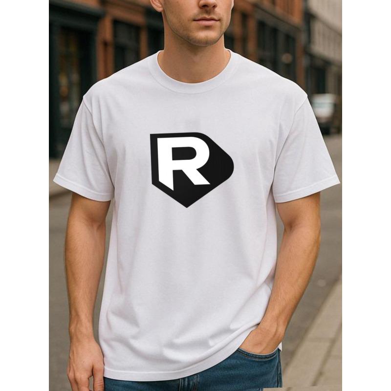 

European sizes Versatile Men S T-shirt with Letter R Shield-Shaped Print | Casual Short-Sleeved Top, Crew Neck, Medium Stretch Fabric, All-Season Fit 4XL білий