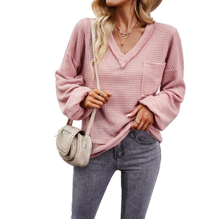 Autumn Winter Women Solid Color V Neck Knit Sweater Long Sleeve Top