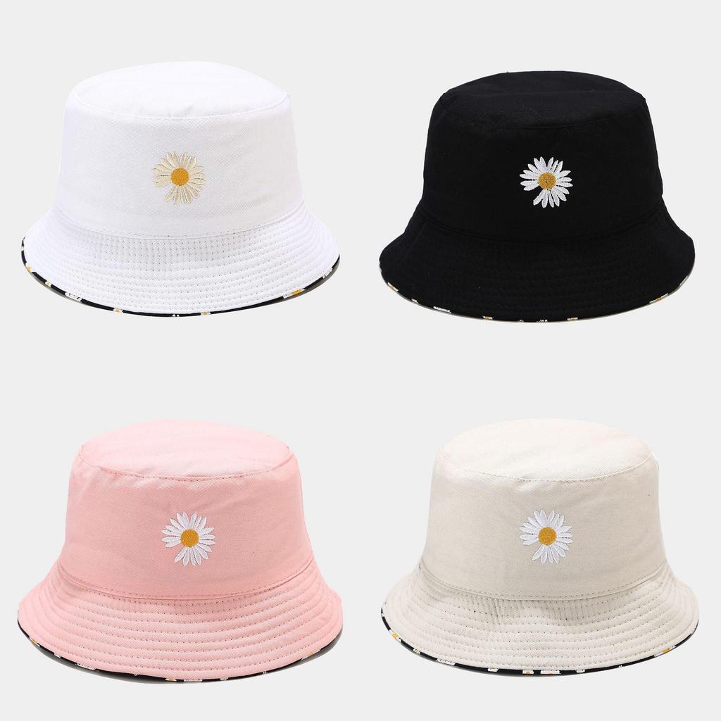 Zweiseitiger Fischerhut im koreanischen Stil mit Gänseblümchen-Print und kurzem Schirm für Frühling und Herbst