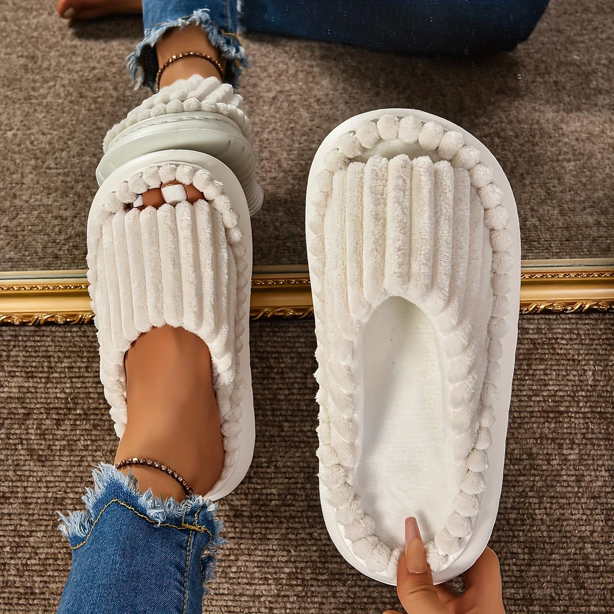 

Женские уютные плюшевые тапочки с полуноском - Верх из однотонной ткани с теплой подкладкой, Нескользящая подошва из ЭВА, Повседневный модный дизайн с открытым носком и полосками Size 36-37 бежевый