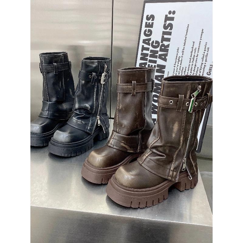 Women Fashion Boots European Leather Square Toe Maillard Western Cowboy Thick Soled Boots Motorcycle Short Boots