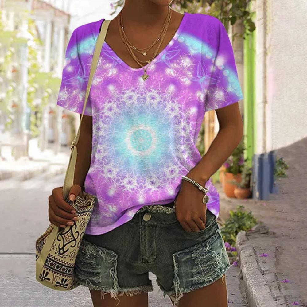 3D V Neck T Shirt Vintage Women Mixed Floral Pattern Print Summer Ladies Shirt Tops Street Trend Loose Plus Size Ladies Tops