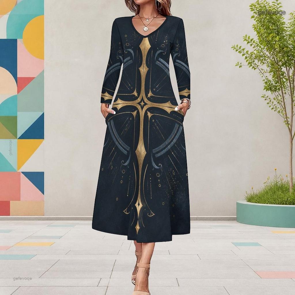 Women Plus Size V Neck Long Sleeve Star Swirl Print A Line Midi Dress With Pockets