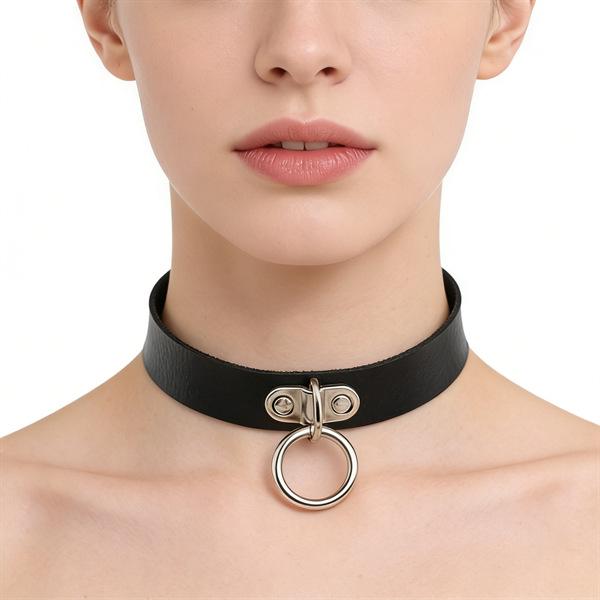 Unisex European Punk Black Leather Choker with Metal Chain and Lock Pendant.