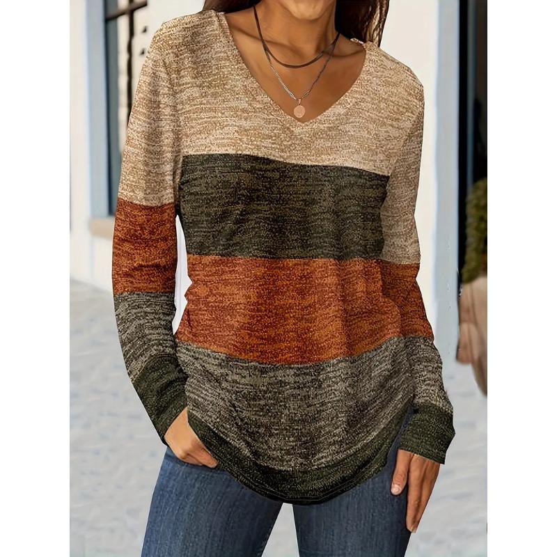 

Stylish V-Neck Color block Striped T-Shirt Women s Casual Loose Pullover Spring Autumn Top XL