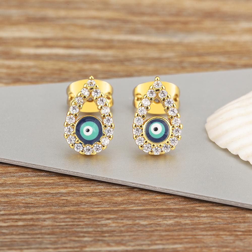 Nidin New Trendy Waterdrop/Round Shape Evil Eye Charm Stud Earrings For Women Hollow Design Shine Zircon Ear Jewelry Accessories