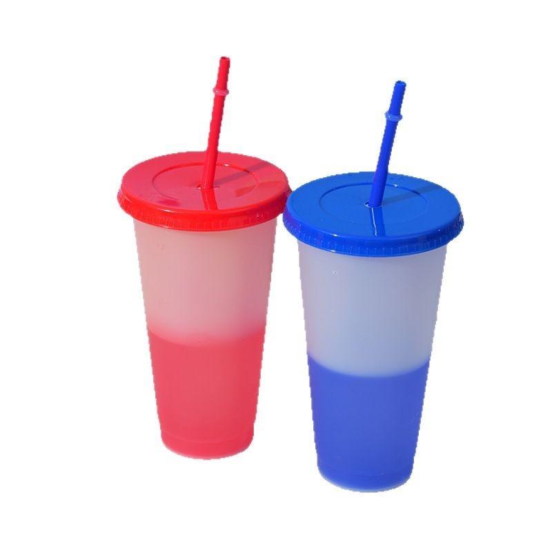 Hot 710ML PP Temperature Sensitive Color Changing Plastic Cup 24oz Large Capacity Water Cup Single-layer Transparent Straw Cup