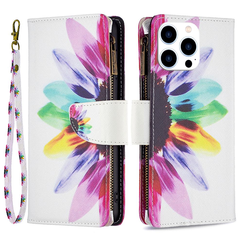 

BF03 For iPhone 16 Pro Case Pattern Print PU Leather Phone Cover with Zipper Wallet Sunflower