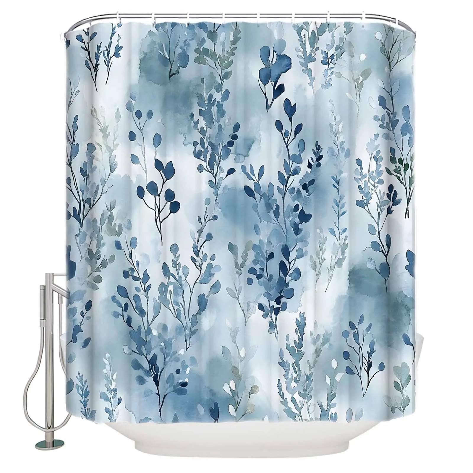 

Blue Watercolor Plant Shower Curtains Waterproof Bath Curtains Home Decor Modern Luxury Bathroom Curtain W90xH180cm