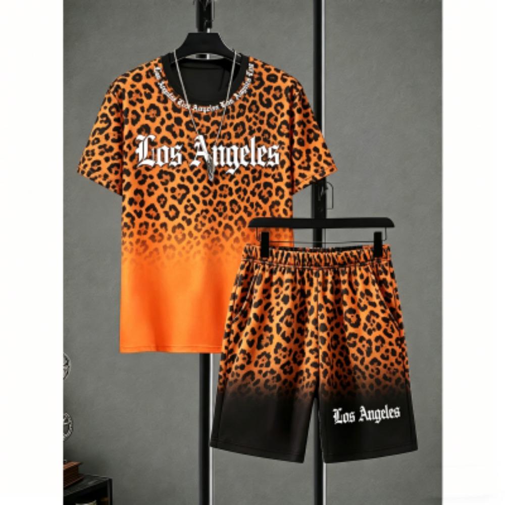 Fun Men's Set Letter Leopard Colorful Printed Men's T-shirt and Shorts 2 Piece Set Summer Casual Outdoor Men's and Women's T-shirt Sets