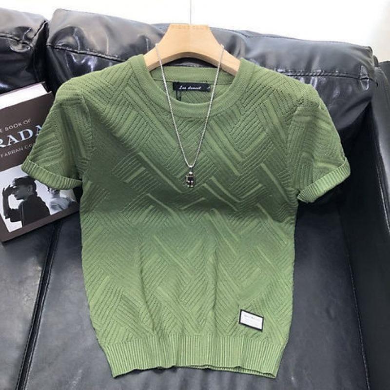 Trendy Men's Slim-Fit Jacquard Knit Sweater with Inner T-Shirt - Lightweight, Short-Sleeved Design