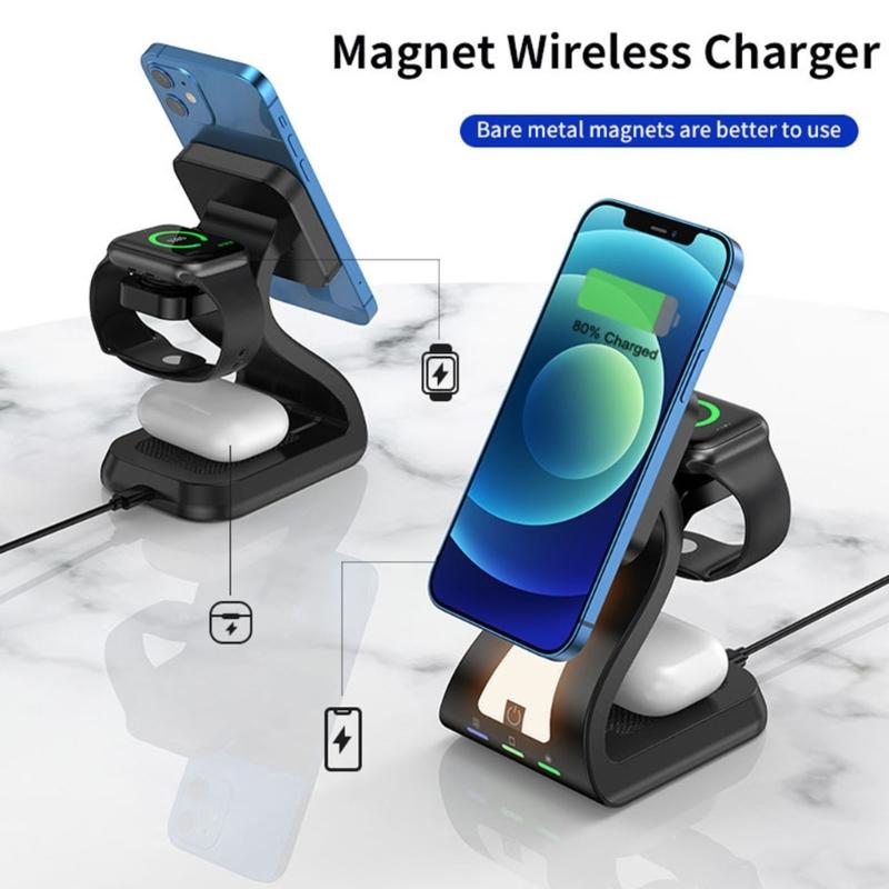 Magnetic Wireless Charging Station ABS Texture Suitable for Phone Watch Earphone Fast 15W Charging Built In Night Light