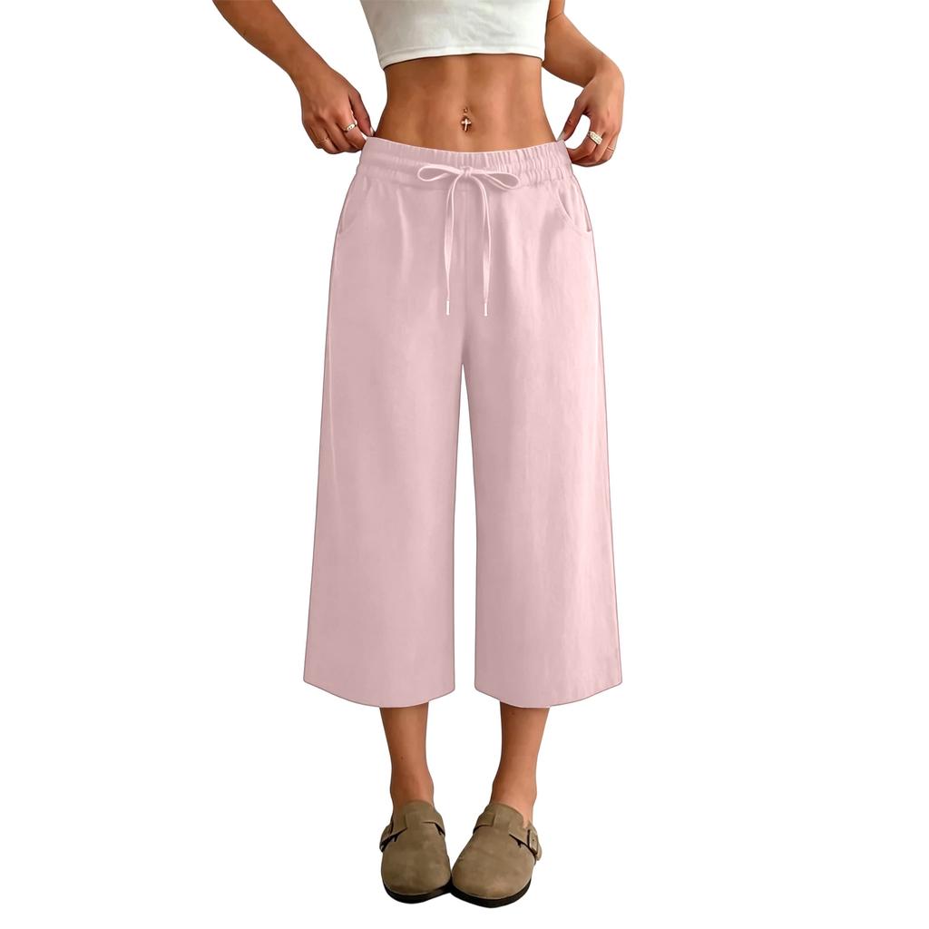 Women’s High Waist Wide Leg Drawstring Cropped Pants with Pockets Relaxed Fit Casual Summer Lightweight Design