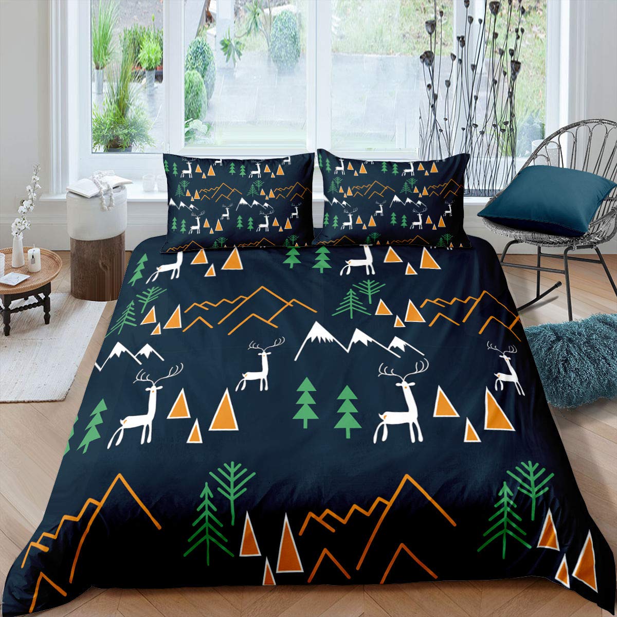 Рождественский комплект пододеяльника размера Queen King Зимний узор Снежинка Лось Автомобиль Мягкий комплект одеяла Комплект одеяла на рождественскую тематику 3 предмета EU Single(135x200cm)