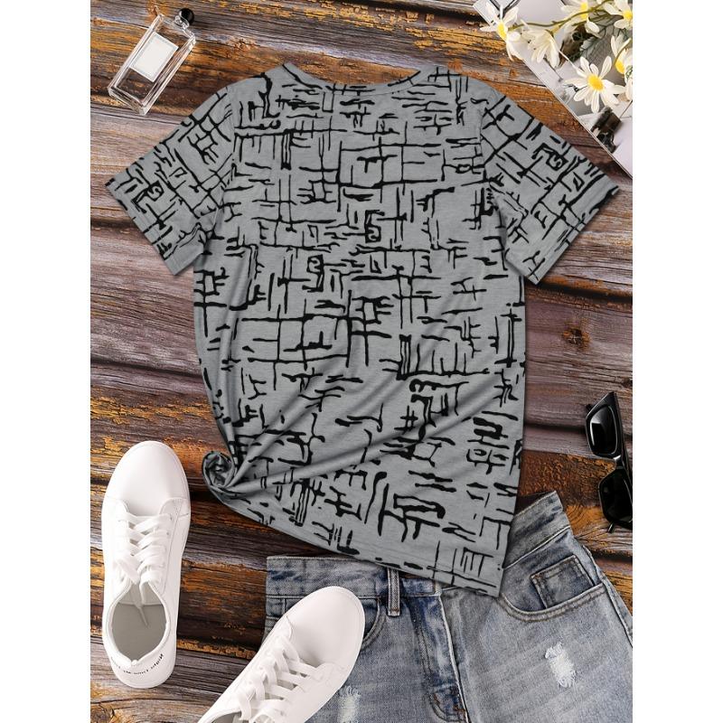 Fashionable irregular line geometric shape top, round neck short sleeved T-shirt S