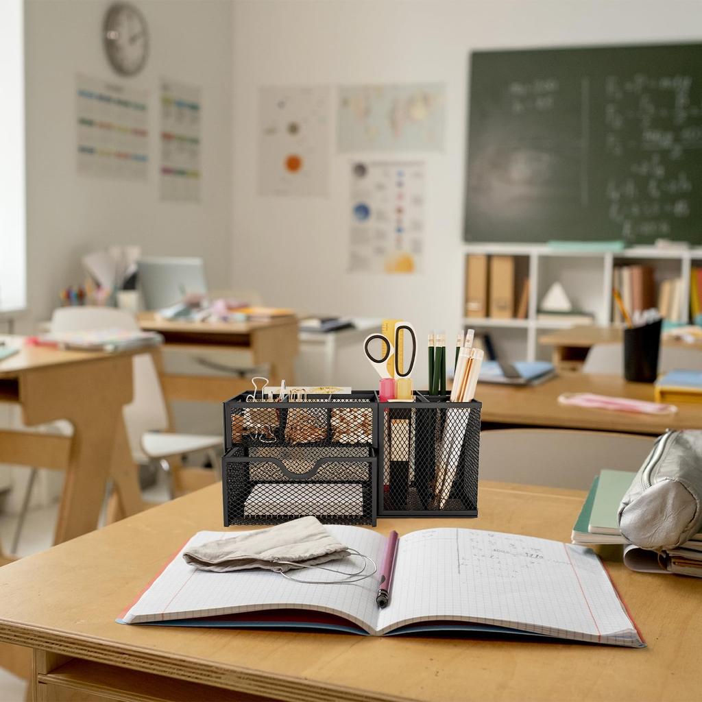 Mesh Pen Holder for Desk 8 Compartment Desk Organizer for Pens Pencils Sticky Notes Clips Office Accessories