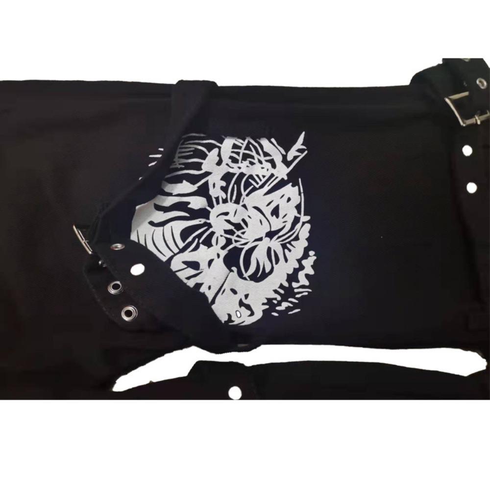 Women's High Waist Flare Jeans Loose Fit Skull Print Metal Strap Cargo Pocket Long Denim Trousers