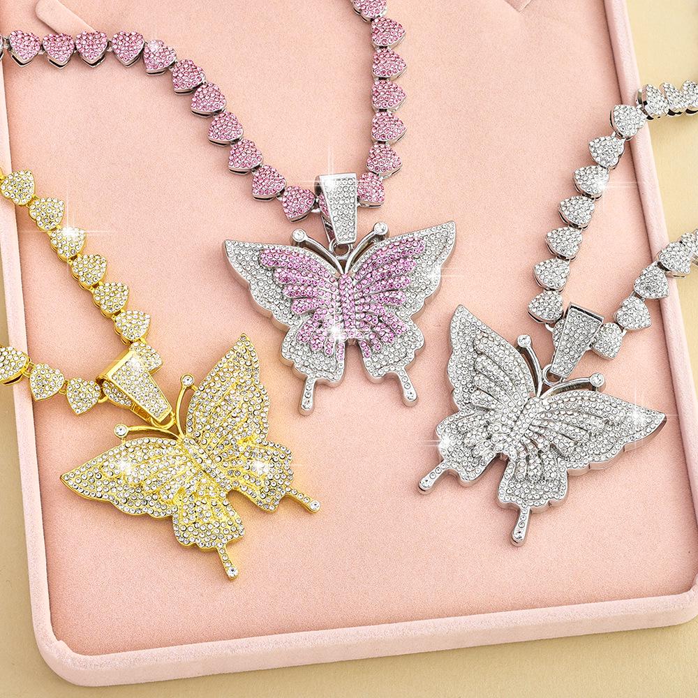 Unisex Butterfly Pendant Cuban Chain: Hip Hop Style Alloy Necklace with Full Diamond Design Gold with White Diamonds