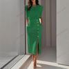 European and American Fashion Royal Sister Style Solid Color Round Neck Waist Split Metal Buttons Summer Dress Women
