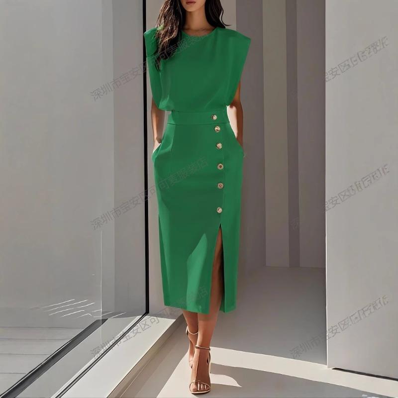 European and American Fashion Royal Sister Style Solid Color Round Neck Waist Split Metal Buttons Summer Dress Women