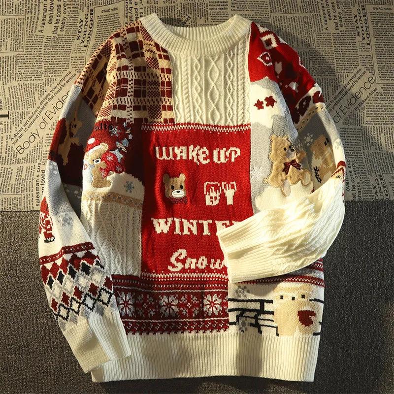 

Autumn and Winter Christmas New Cute Sweater Color Block Design Long Sleeve Retro Harajuku Street Fashion Couple Loose Pullover S красный