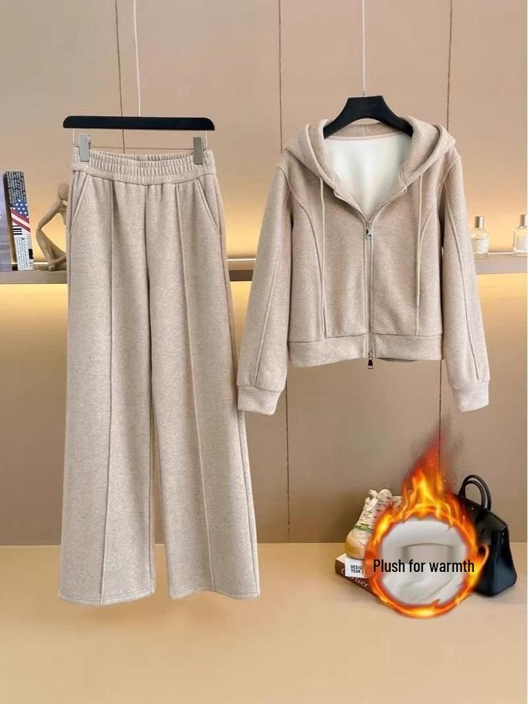 Luxury Velvet Hooded Cardigan & Wide-Leg Pants Set - Casual Autumn/Winter Fashion for Women