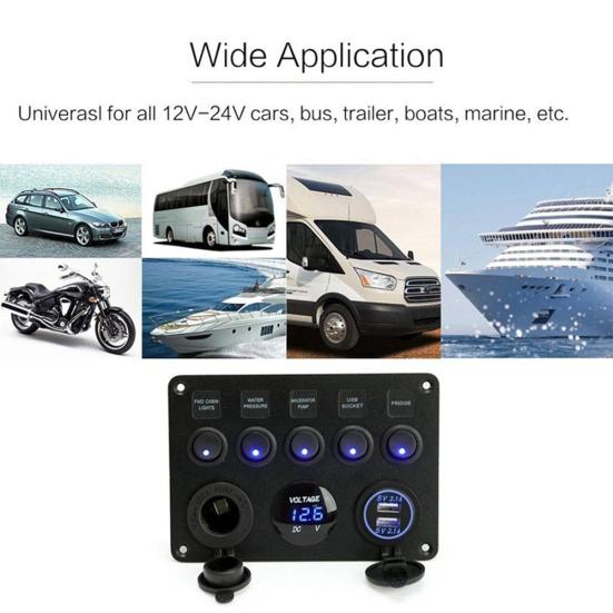 Car Boat 5 Gang Switch Panel USB Charger 12V Inline Socket LED Voltage