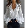 Women Solid Color Lace Splicing V Neck Puffed Sleeve Long Sleeve Loose Blouse
