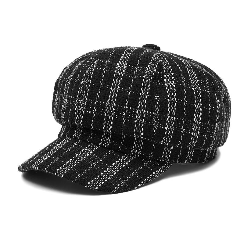 

Осенне-зимняя женская восьмиугольная кепка, винтажный клетчатый берет, теплая шерстяная кепка для улицы, кепка художника чёрный