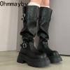Autumn Winter Belt Buckle Women Knee High Boots Fashion Thick Heels Punk Style Knight Long Booties  De Mujer