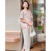 Pastel Mom's Summer Casual Chinese Style Chiffon Printed Top & Pants Set