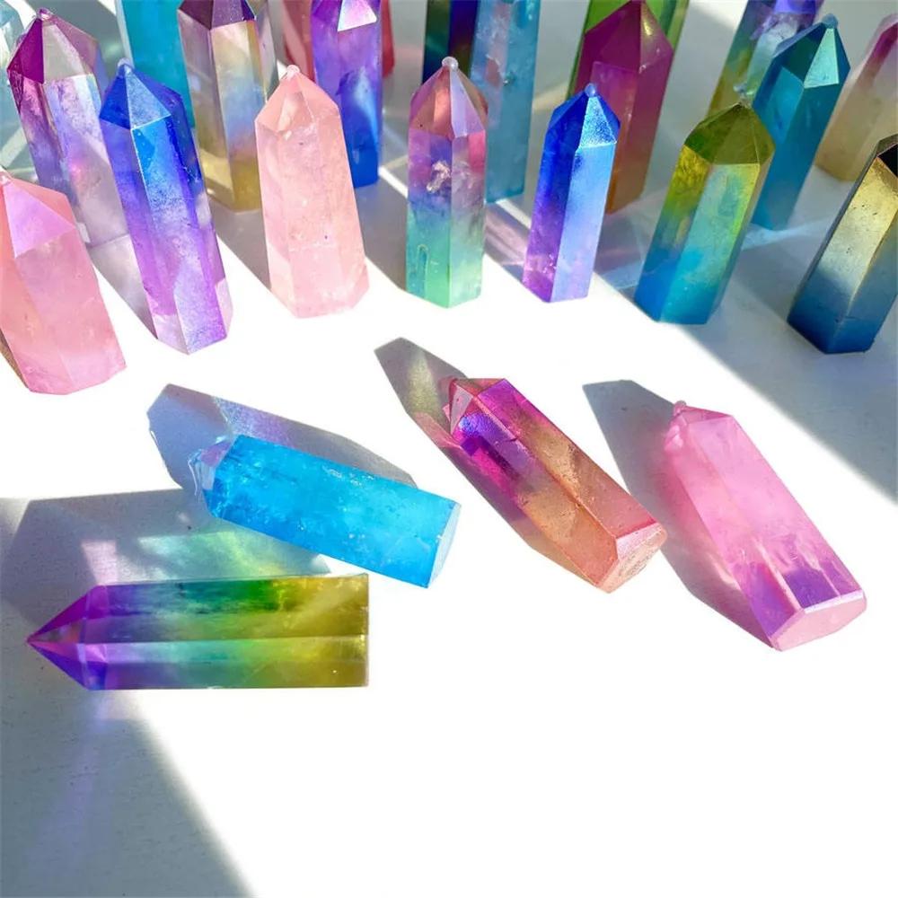 Natural Clear Crystal Tower Electroplated Aura Quartz Wand Point Angel for Home Decoration
