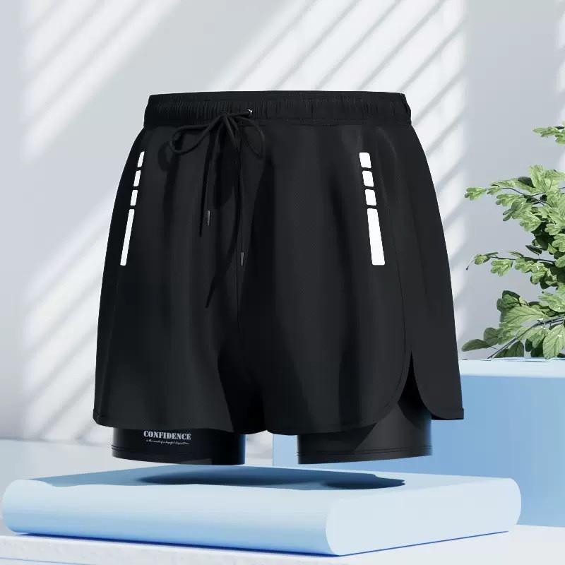 Mens Double-Layered Board Shorts Swim Trunks Quick-Dry Anti-Chafe Flat Front Beach Pool Surfing