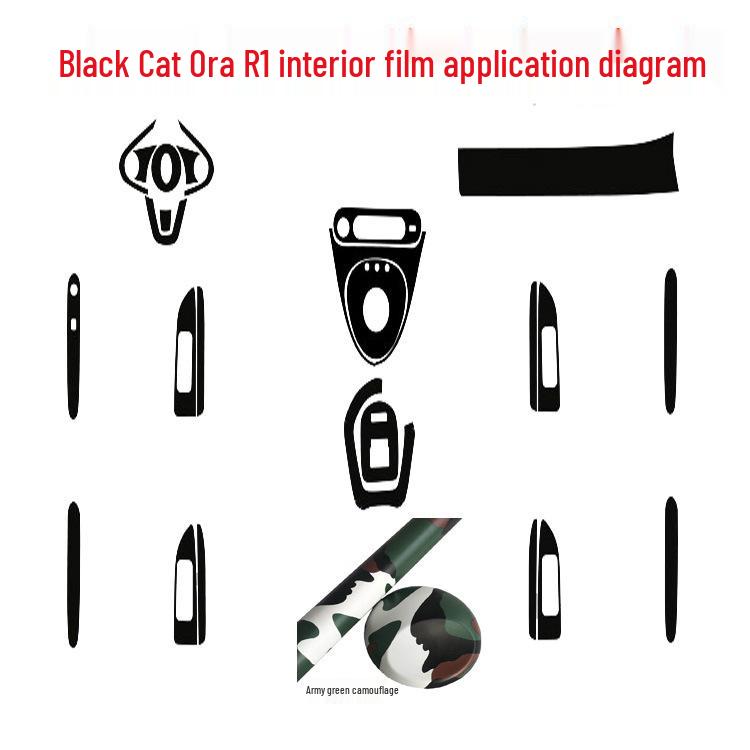 Carbon Fiber Interior Decor Stickers for Black Cat Ora R1: Central Control, Gear Position, and Door Panels
