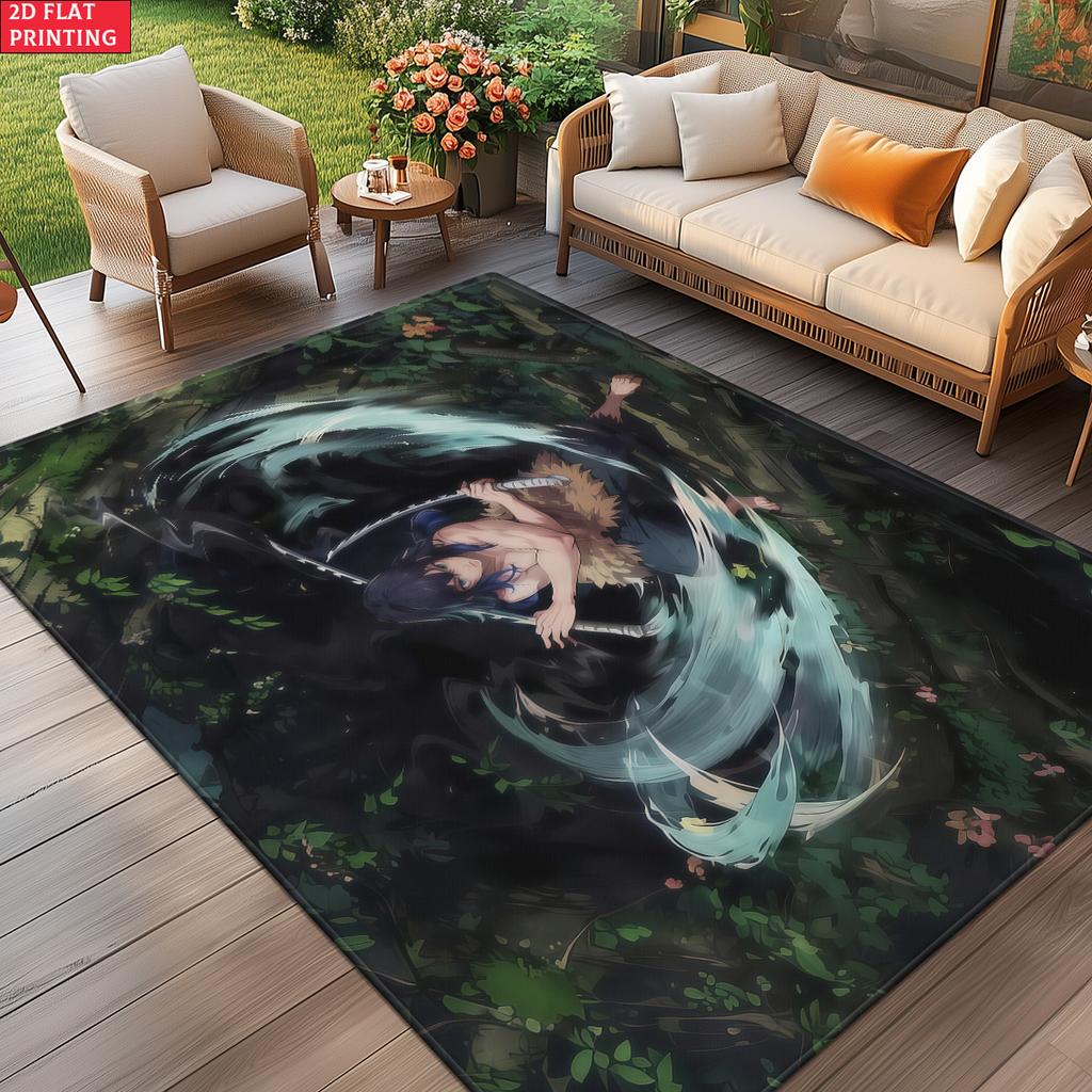 Anime Swordsman Area Rug, Jungle Water Wave Theme Floor Mat, Decorative Carpet for Gaming Room Bedroom, Washable Home Decor Gift