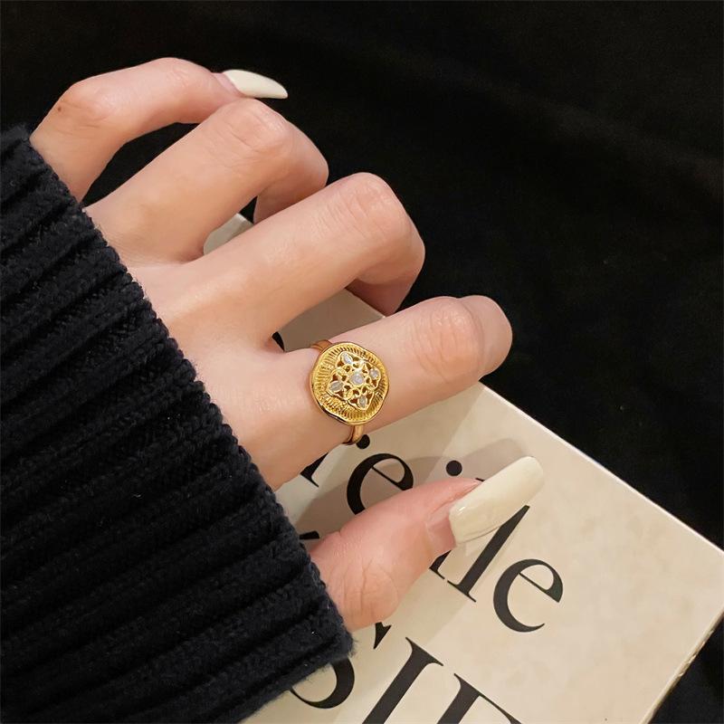 Medieval Style Flower Compass Open Ring Full Of Diamonds Zircon Court Style Retro Gold Phoenix Premium Ring
