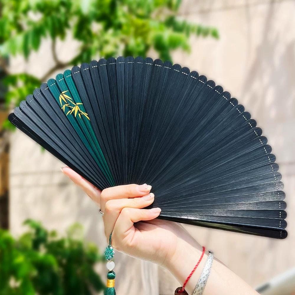 Chinese-Style Dark Green All-Bamboo Fan for Women, Hollow Floral Folding Fan, Ancient Style, Portable, Easy to Open and Close, Hanfu Dance Fan